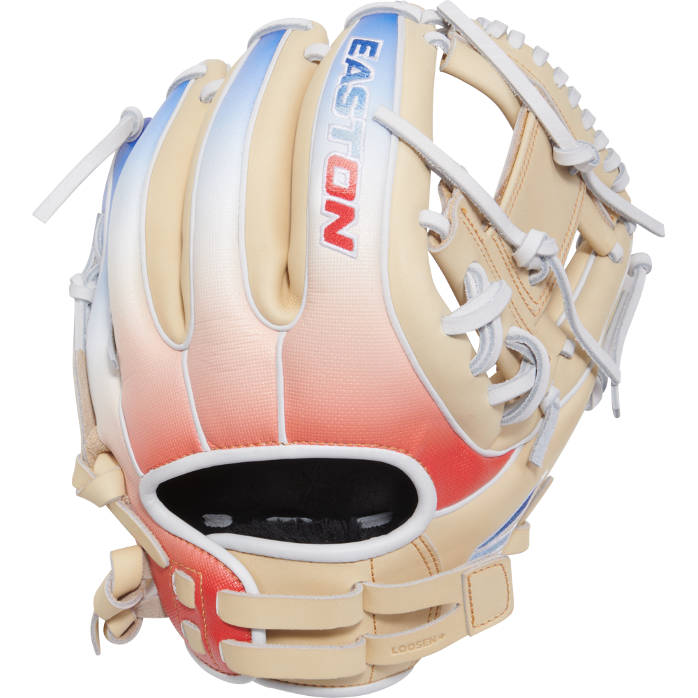 The Easton Professional Collection Color Splash 11.75" Fastpitch Softball Glove (PCFP715-2C) features a tan design with red and blue gradient accents, white laces, and EASTON embroidered in blue and red on the back.
