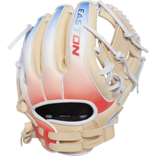 The Easton Professional Collection Color Splash 11.75" Fastpitch Softball Glove (PCFP715-2C) features a tan design with red and blue gradient accents, white laces, and EASTON embroidered in blue and red on the back.