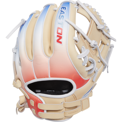 The Easton Professional Collection Color Splash 11.75" Fastpitch Softball Glove (PCFP715-2C) features a tan design with red and blue gradient accents, white laces, and EASTON embroidered in blue and red on the back.