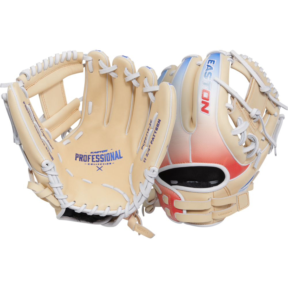 Two tan Easton Professional Collection Color Splash 11.75" Fastpitch Softball Gloves (PCFP715-2C): one showing the palm with "Professional" in blue, the other showing the back with an Easton logo and a red-to-blue gradient wrist area.