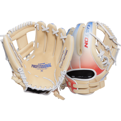 Two tan Easton Professional Collection Color Splash 11.75" Fastpitch Softball Gloves (PCFP715-2C): one showing the palm with "Professional" in blue, the other showing the back with an Easton logo and a red-to-blue gradient wrist area.