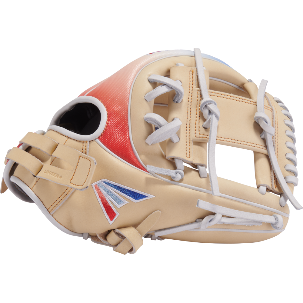 The Easton Professional Collection Color Splash 11.75" Fastpitch Softball Glove (PCFP715-2C) features a tan and red design with white laces and blue, red, and white accents on the thumb, shown against a white background.
