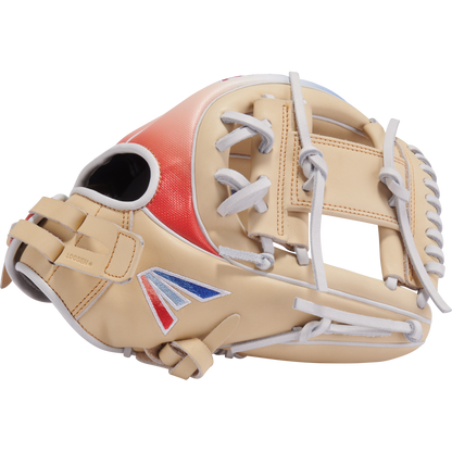 The Easton Professional Collection Color Splash 11.75" Fastpitch Softball Glove (PCFP715-2C) features a tan and red design with white laces and blue, red, and white accents on the thumb, shown against a white background.