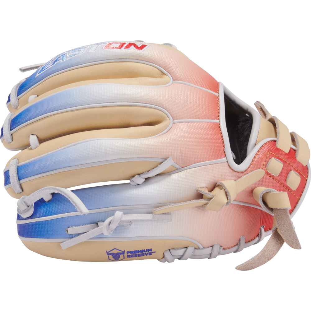 The Easton Professional Collection Color Splash 11.75" Fastpitch Softball Glove (PCFP715-2C) features a gradient from light blue at the fingertips to pink and red at the wrist, plus white laces and a tan palm area.