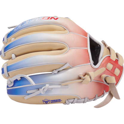 The Easton Professional Collection Color Splash 11.75" Fastpitch Softball Glove (PCFP715-2C) features a gradient from light blue at the fingertips to pink and red at the wrist, plus white laces and a tan palm area.