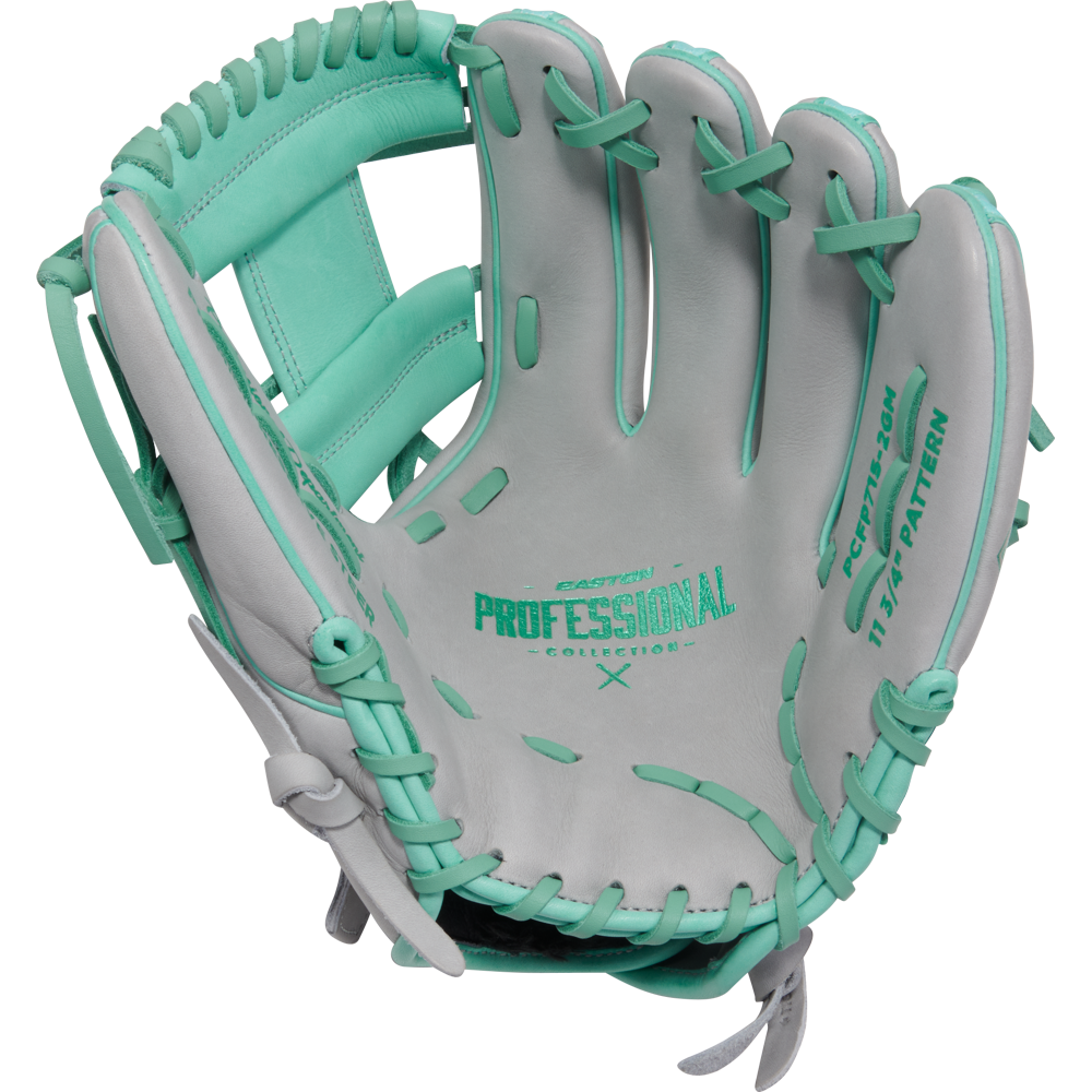 The Easton Professional Collection Color Splash 11.75" Fastpitch Softball Glove (PCFP715-2GM) features light gray premium USA steerhide leather, teal lacing, "Professional Collection" palm text, and open infield design with detailed inside accents.