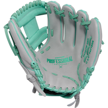 The Easton Professional Collection Color Splash 11.75" Fastpitch Softball Glove (PCFP715-2GM) features light gray premium USA steerhide leather, teal lacing, "Professional Collection" palm text, and open infield design with detailed inside accents.