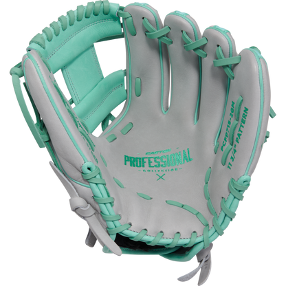 The Easton Professional Collection Color Splash 11.75" Fastpitch Softball Glove (PCFP715-2GM) features light gray premium USA steerhide leather, teal lacing, "Professional Collection" palm text, and open infield design with detailed inside accents.