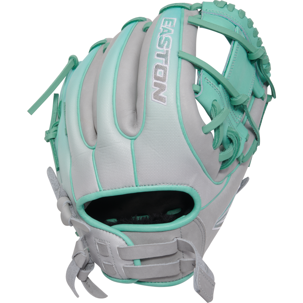 The Easton Professional Collection Color Splash 11.75" Fastpitch Softball Glove (PCFP715-2GM) features a gray and teal design, premium USA steerhide leather, white stitching and lacing, open web, and adjustable wrist straps.