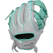 The Easton Professional Collection Color Splash 11.75" Fastpitch Softball Glove (PCFP715-2GM) features a gray and teal design, premium USA steerhide leather, white stitching and lacing, open web, and adjustable wrist straps.