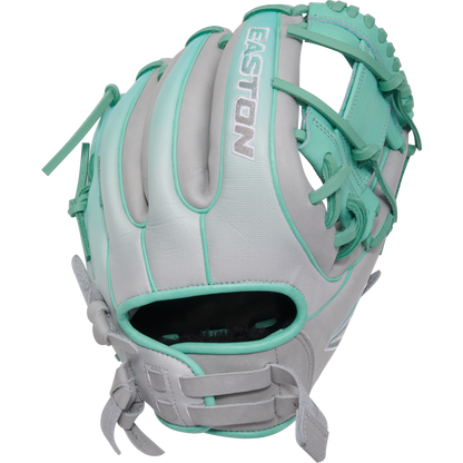 The Easton Professional Collection Color Splash 11.75" Fastpitch Softball Glove (PCFP715-2GM) features a gray and teal design, premium USA steerhide leather, white stitching and lacing, open web, and adjustable wrist straps.