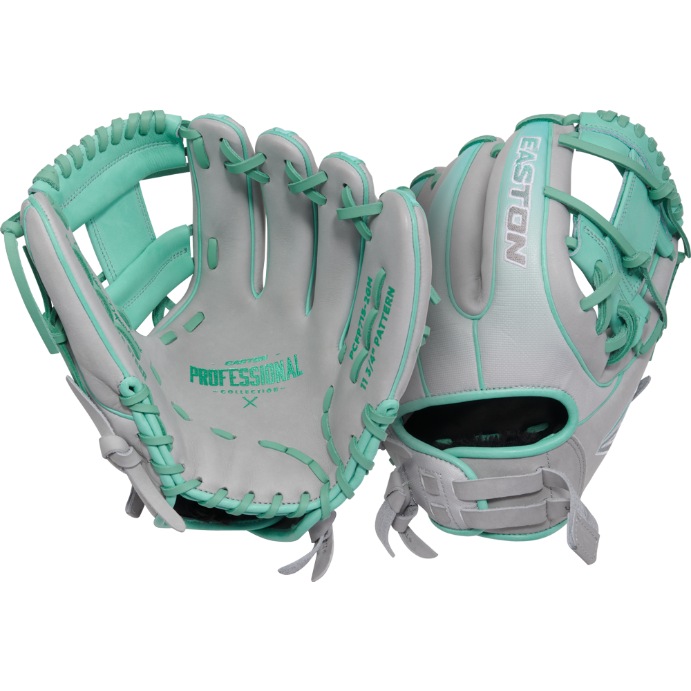 Two light gray and teal Easton Professional Collection Color Splash 11.75" Fastpitch Softball Gloves (PCFP715-2GM), made from premium USA steerhide, are shown—one palm up, one back view—against a plain white background.