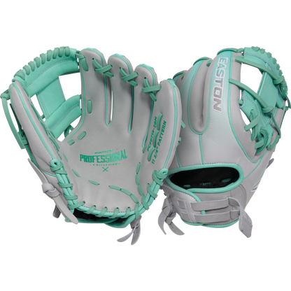 Two light gray and teal Easton Professional Collection Color Splash 11.75" Fastpitch Softball Gloves (PCFP715-2GM), made from premium USA steerhide, are shown—one palm up, one back view—against a plain white background.