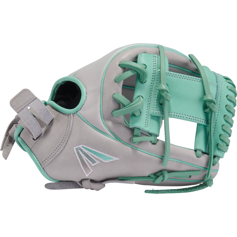 The Easton Professional Collection Color Splash 11.75" Fastpitch Softball Glove (PCFP715-2GM) features gray and teal USA steerhide leather, teal laces, an open web, and a side logo, shown against a plain white background.