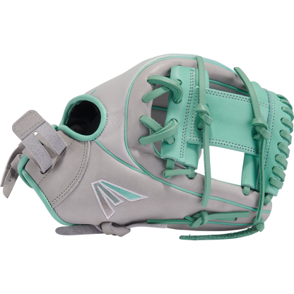 The Easton Professional Collection Color Splash 11.75" Fastpitch Softball Glove (PCFP715-2GM) features gray and teal USA steerhide leather, teal laces, an open web, and a side logo, shown against a plain white background.