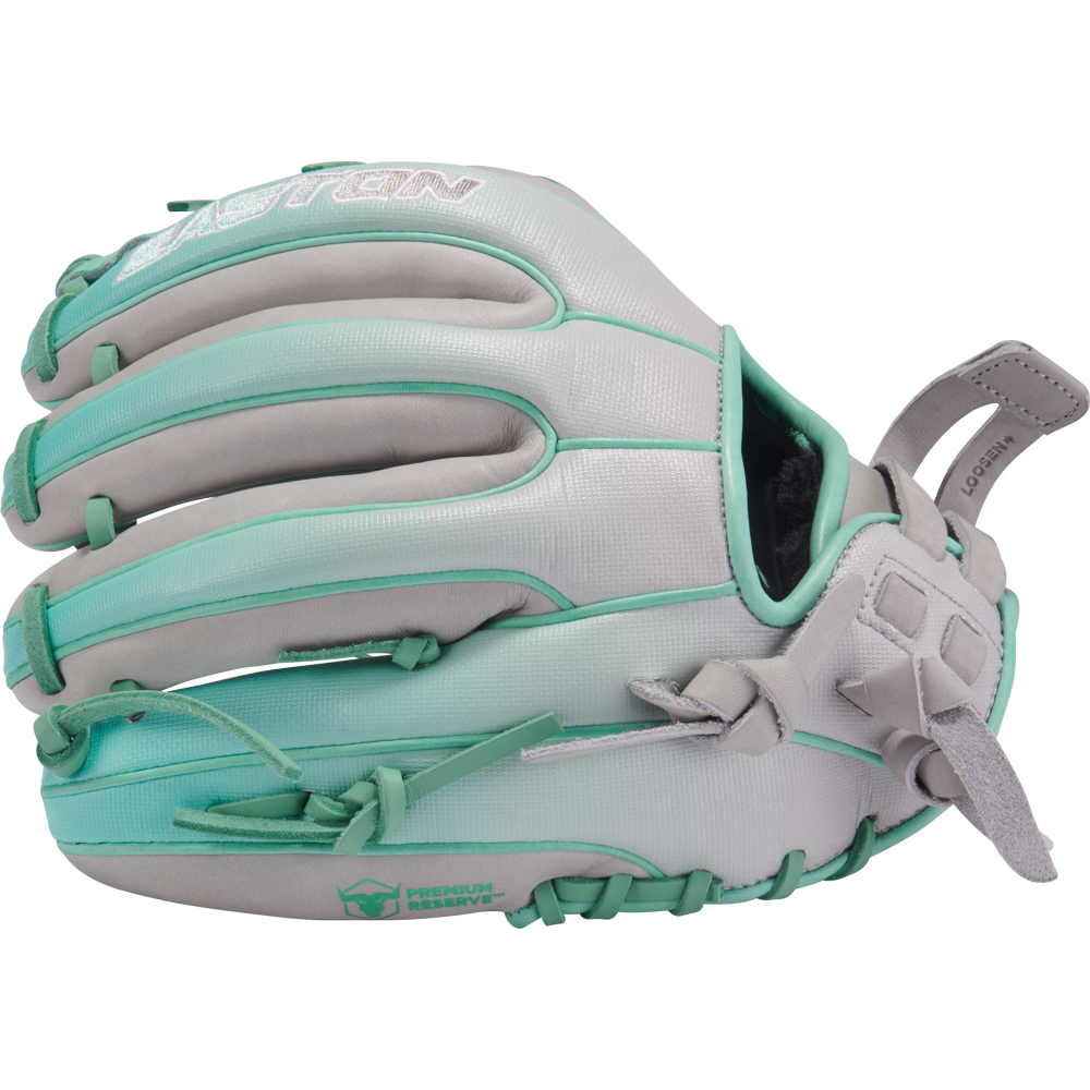 The Easton Professional Collection Color Splash 11.75" Fastpitch Softball Glove (PCFP715-2GM) features a light gray and teal design with teal accents, visible webbing, laces, wrist strap, and is crafted from premium USA steerhide leather.