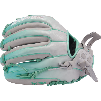 The Easton Professional Collection Color Splash 11.75" Fastpitch Softball Glove (PCFP715-2GM) features a light gray and teal design with teal accents, visible webbing, laces, wrist strap, and is crafted from premium USA steerhide leather.
