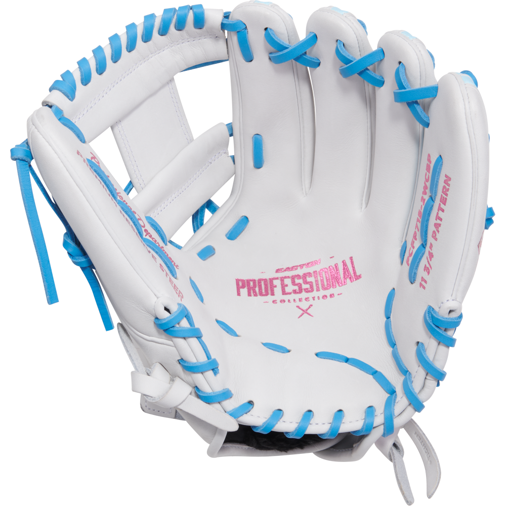 The Easton Professional Collection Color Splash 11.75" Fastpitch Softball Glove (PCFP715-2WCBP) features a white design with light blue laces, pink lettering, USA steerhide leather, and an open view showing the palm and 11.75" pattern.