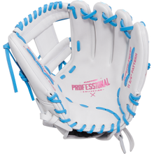 The Easton Professional Collection Color Splash 11.75" Fastpitch Softball Glove (PCFP715-2WCBP) features a white design with light blue laces, pink lettering, USA steerhide leather, and an open view showing the palm and 11.75" pattern.
