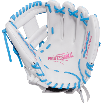 The Easton Professional Collection Color Splash 11.75" Fastpitch Softball Glove (PCFP715-2WCBP) features a white design with light blue laces, pink lettering, USA steerhide leather, and an open view showing the palm and 11.75" pattern.