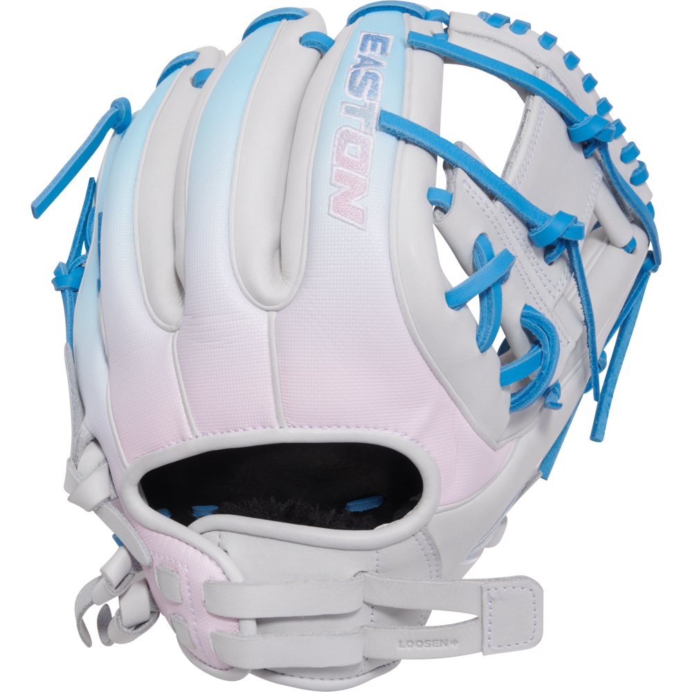 The Easton Professional Collection Color Splash 11.75" Fastpitch Softball Glove (PCFP715-2WCBP) features a white and pastel pink design with blue laces, crafted from USA steerhide leather, with webbing, a leather strap, and adjustable wrist closure.