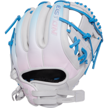 The Easton Professional Collection Color Splash 11.75" Fastpitch Softball Glove (PCFP715-2WCBP) features a white and pastel pink design with blue laces, crafted from USA steerhide leather, with webbing, a leather strap, and adjustable wrist closure.