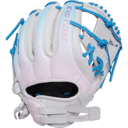 The Easton Professional Collection Color Splash 11.75" Fastpitch Softball Glove (PCFP715-2WCBP) features a white and pastel pink design with blue laces, crafted from USA steerhide leather, with webbing, a leather strap, and adjustable wrist closure.