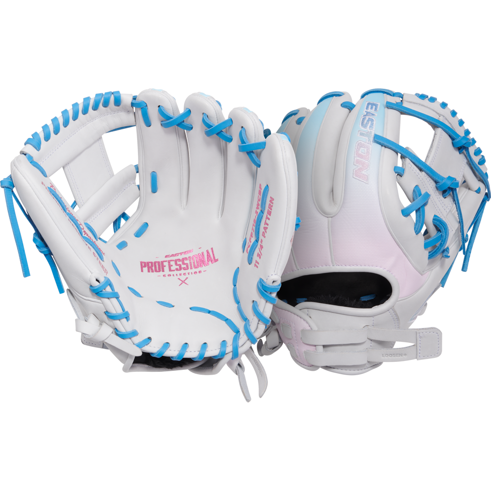 Two Easton Professional Collection Color Splash 11.75" Fastpitch Softball Gloves (PCFP715-2WCBP), white with blue laces and pink accents, crafted from USA steerhide leather, are displayed side by side on a white background.