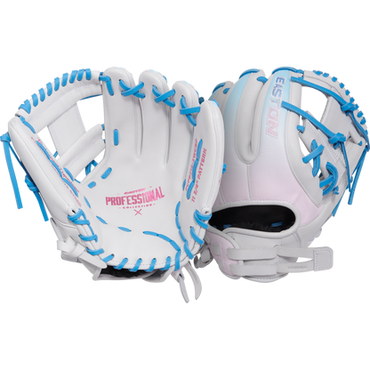 Two Easton Professional Collection Color Splash 11.75" Fastpitch Softball Gloves (PCFP715-2WCBP), white with blue laces and pink accents, crafted from USA steerhide leather, are displayed side by side on a white background.