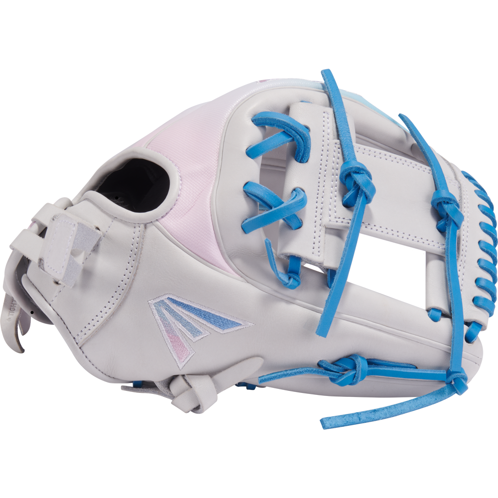 The Easton Professional Collection Color Splash 11.75" Fastpitch Softball Glove (PCFP715-2WCBP) features a white and light pink design, bright blue laces, USA steerhide leather, and a side patch with Easton's blue and pink logo.