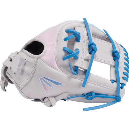 The Easton Professional Collection Color Splash 11.75" Fastpitch Softball Glove (PCFP715-2WCBP) features a white and light pink design, bright blue laces, USA steerhide leather, and a side patch with Easton's blue and pink logo.