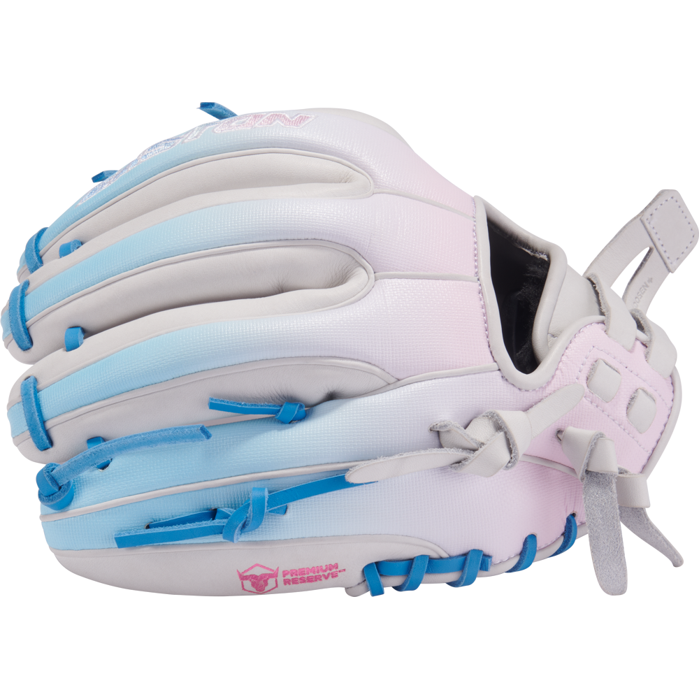 The Easton Professional Collection Color Splash 11.75" Fastpitch Softball Glove (PCFP715-2WCBP) features pastel pink, blue, and white panels with blue laces, "Premium Reserve" on the thumb, and is crafted from USA steerhide leather.