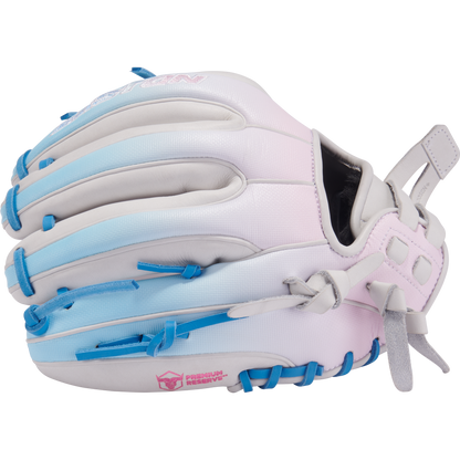 The Easton Professional Collection Color Splash 11.75" Fastpitch Softball Glove (PCFP715-2WCBP) features pastel pink, blue, and white panels with blue laces, "Premium Reserve" on the thumb, and is crafted from USA steerhide leather.