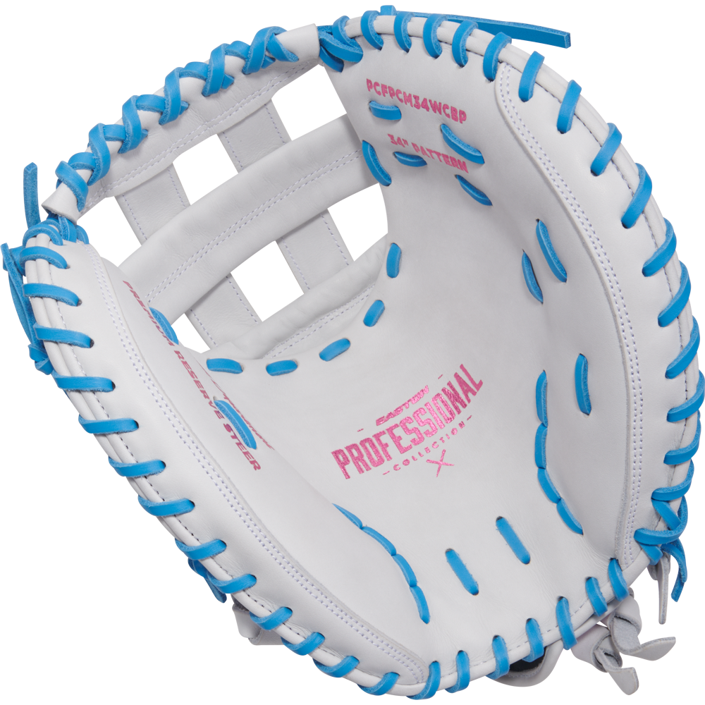 The Easton Pro Collection 34" Fastpitch Catcher's Mitt (PCFPCM34WCB) is a white mitt with blue lacing and features "Easton Professional Collection" printed in pink on the palm.