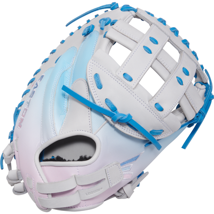 The Easton Pro Collection 34" Fastpitch Catcher's Mitt (PCFPCM34WCB) is a white mitt with blue laces, pastel pink accents, a webbed pocket, and EASTON branding on the side.