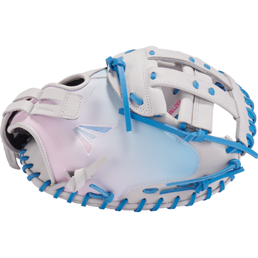 The Easton Pro Collection 34" Fastpitch Catcher's Mitt (PCFPCM34WCB) is a white and pastel glove with blue laces, gradient design, and an embroidered Easton logo.