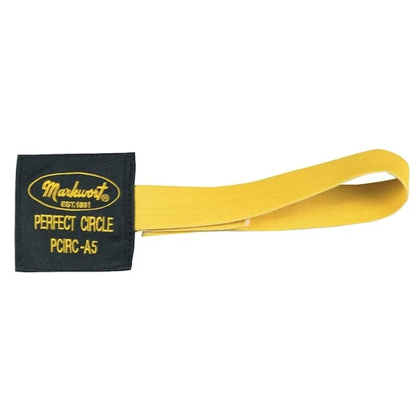 Markwort The Perfect Circle Pitcher’s Training Aid: PCIRC, featuring a black square fabric patch with yellow text attached to a yellow elastic strap for windmill pitching mechanics.