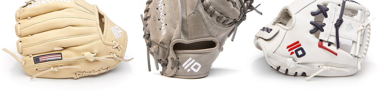 Three baseball gloves in different colors (tan, gray, and white) are displayed side by side against a white background, each featuring unique stitching and branding details.