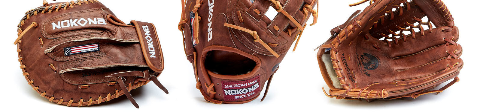 Three views of a brown Nokona baseball glove: a side view, a back view showing the wrist opening, and a top view displaying the gloves inner pocket and stitching details.