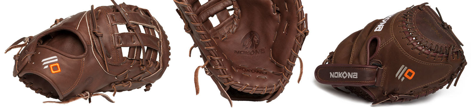 Three angles of a brown baseball glove with visible stitching, lacing, and an orange and white logo patch. The glove is shown from the side, palm, and back.