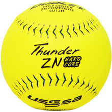The Dudley USSSA Thunder ZN Hard Core PRO M 12" 44/375 Composite Softball (4U12H) stands out with its bright yellow cover, black stitching, and durable composite construction—ideal for serious slowpitch players.