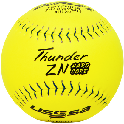 The Dudley USSSA Thunder ZN Hard Core PRO M 12" 44/375 Composite Softball (4U12H) stands out with its bright yellow cover, black stitching, and durable composite construction—ideal for serious slowpitch players.