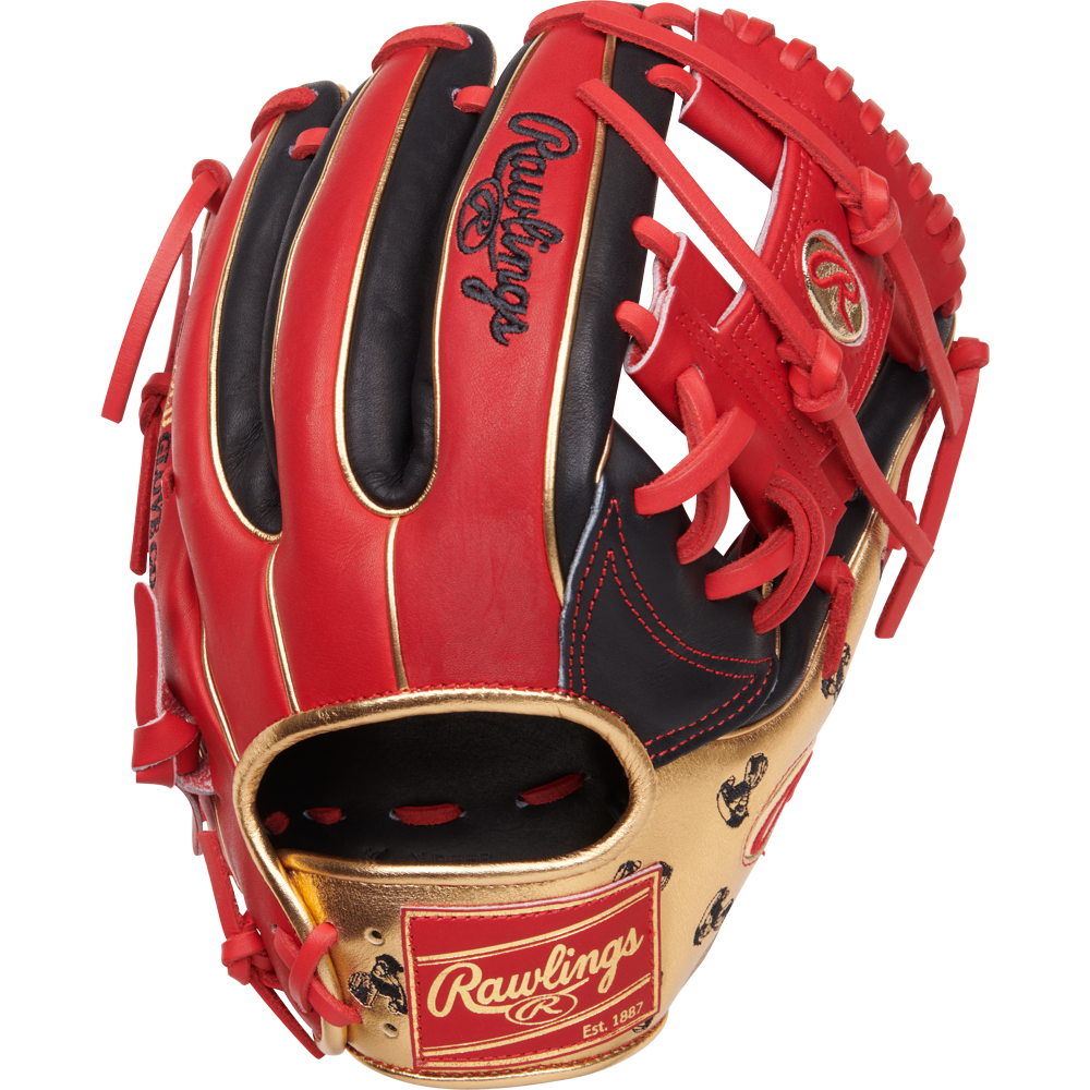 The Rawlings Heart of the Hide 11.5" Baseball Glove (PROGOLDYIX) features red, black, and gold steer hide leather with red stitching and laces, plus the Rawlings logo on the wrist and back of hand.