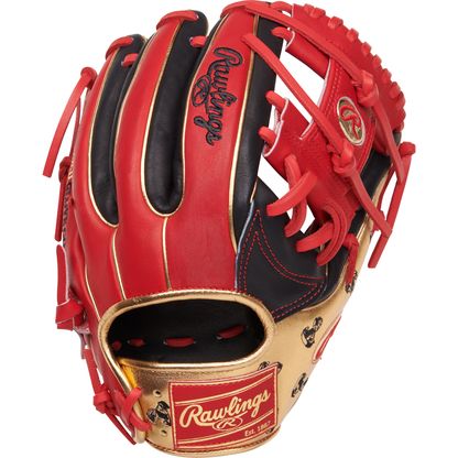 The Rawlings Heart of the Hide 11.5" Baseball Glove (PROGOLDYIX) features red, black, and gold steer hide leather with red stitching and laces, plus the Rawlings logo on the wrist and back of hand.