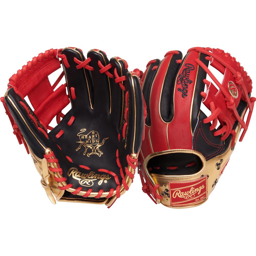 Two Rawlings Heart of the Hide 11.5" Baseball Gloves (PROGOLDYIX) feature red, black, and gold steer hide leather with red laces and logos; one glove shows the palm side, the other reveals the back with wrist strap.