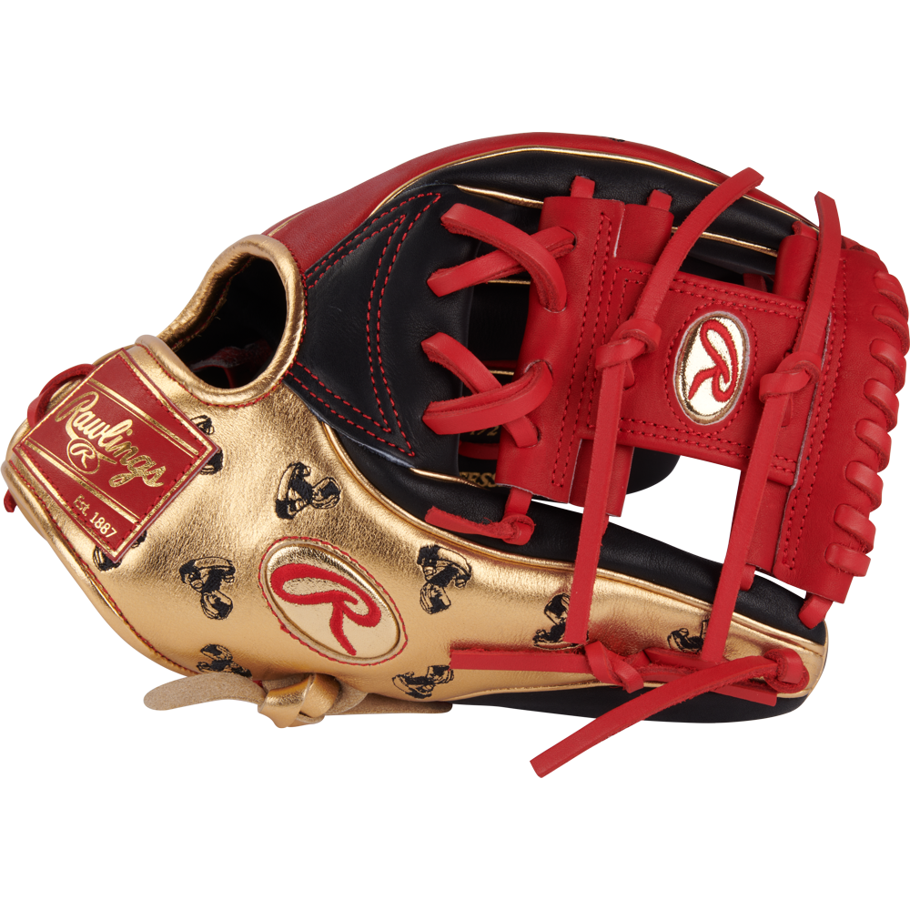 The Rawlings Heart of the Hide 11.5" Baseball Glove (PROGOLDYIX) showcases red laces, black and gold steer hide leather, gold Rawlings logos, and small decorative prints throughout.