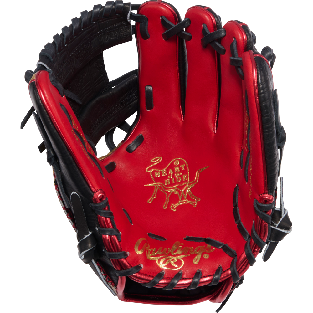 The Rawlings Heart of the Hide 11.5" Baseball Glove (PROGOLDYX, RGGC June 2026) features a red and black design, gold-embossed bull logo on the palm, Gold Glove Club detail, and Rawlings branding in gold near the wrist.