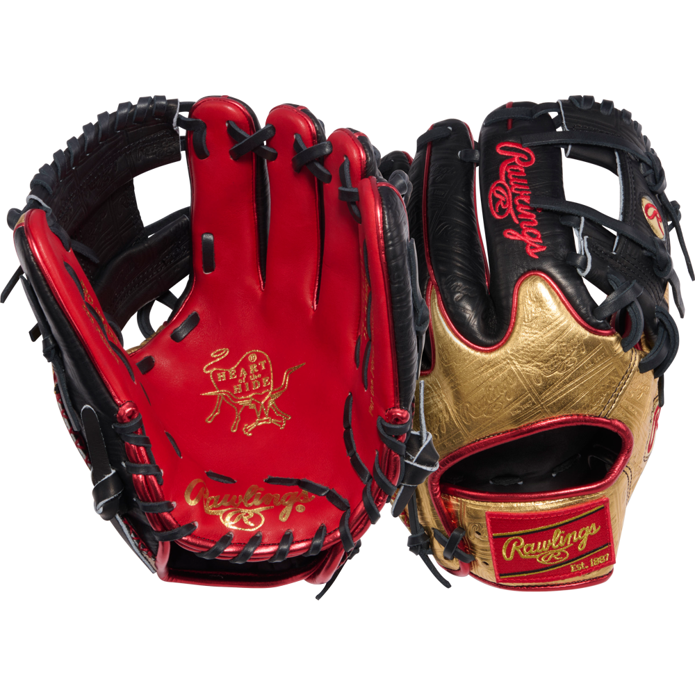 Two Rawlings Heart of the Hide 11.5" gloves—one with a red palm and gold stitching, the other with a black and gold back plus red accents—showcase elite PROGOLDYX design for Gold Glove Club members.