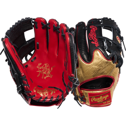 Two Rawlings Heart of the Hide 11.5" gloves—one with a red palm and gold stitching, the other with a black and gold back plus red accents—showcase elite PROGOLDYX design for Gold Glove Club members.