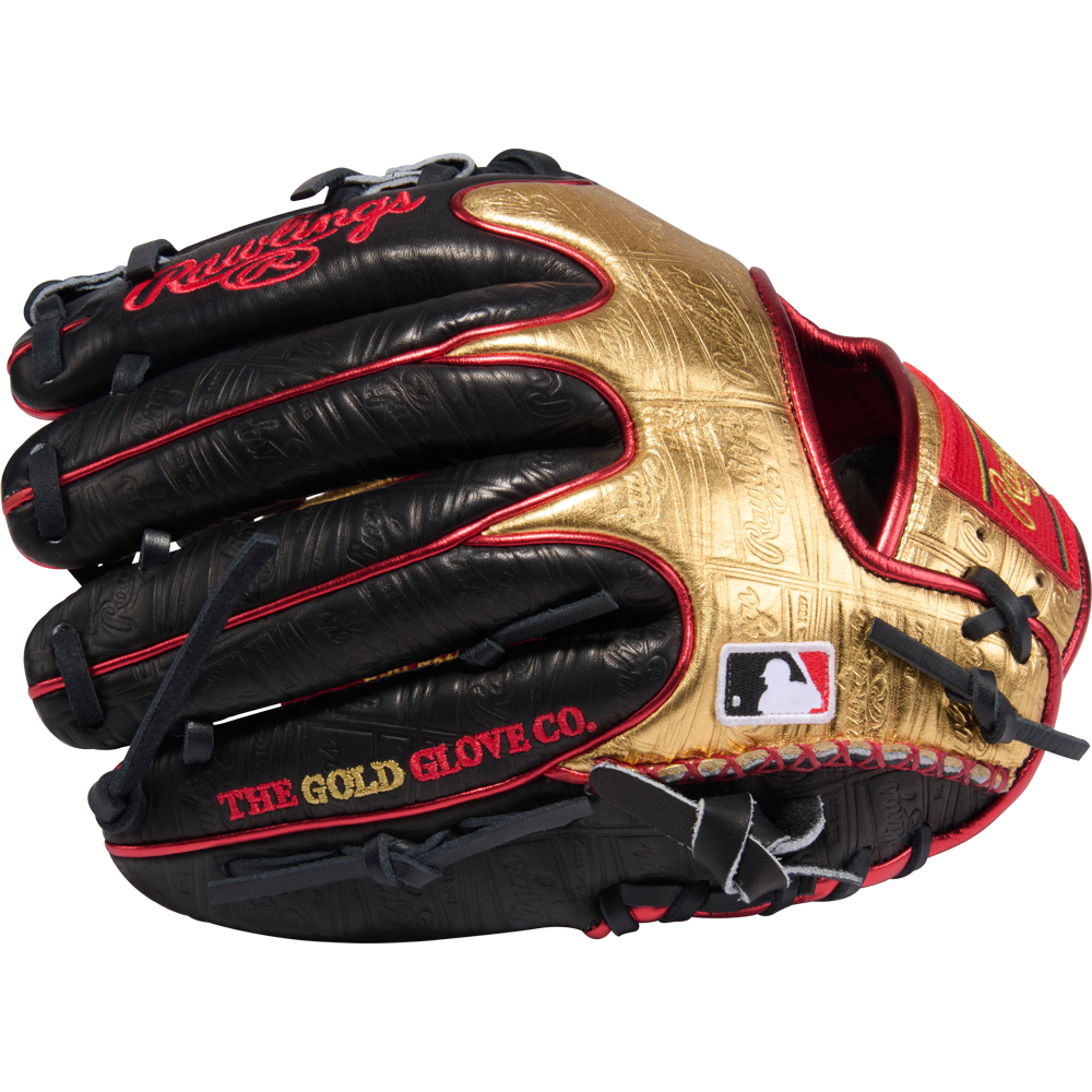 The Rawlings Heart of the Hide 11.5" Baseball Glove (PROGOLDYX), RGGC June 2026, features a black and gold design with red stitching, the MLB logo, and "THE GOLD GLOVE CO." on the side.